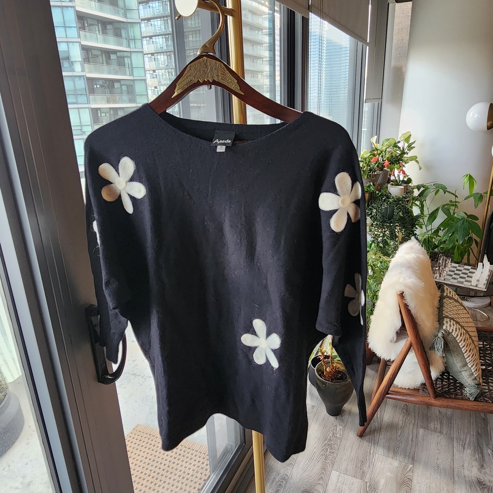 AAEDA - Black Sweater with White Floral Accents